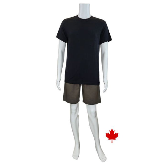white mannequin wearing black lex crew neck t-shirt and olive green craig shorts front view on white background
