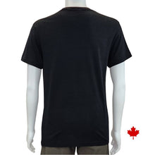 top of white mannequin wearing black lex crew neck t-shirt back view on white background