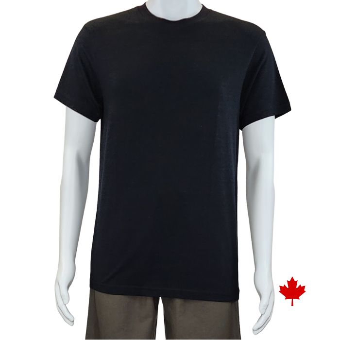 top of white mannequin wearing black lex crew neck t-shirt front view on white background