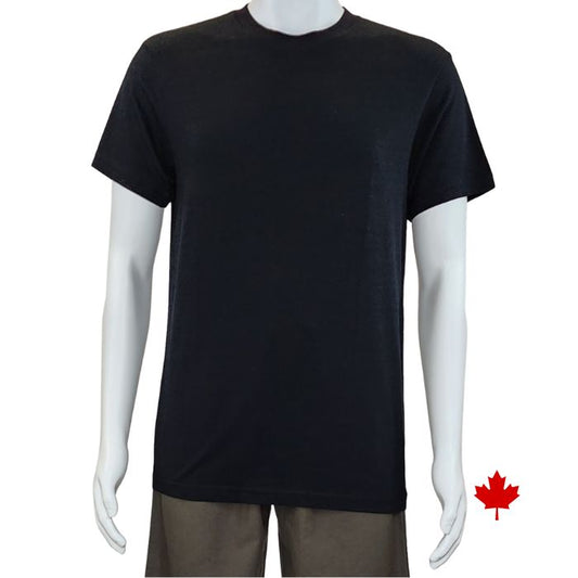 top of white mannequin wearing black lex crew neck t-shirt front view on white background