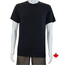 top of white mannequin wearing black lex crew neck t-shirt front view on white background