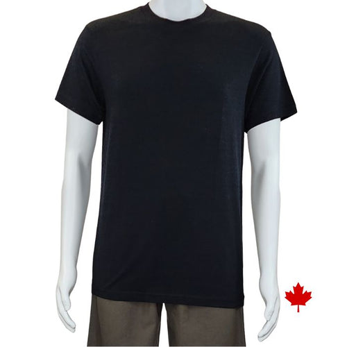 top of white mannequin wearing black lex crew neck t-shirt front view on white background
