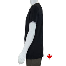 top of white mannequin wearing black lex crew neck t-shirt side view on white background