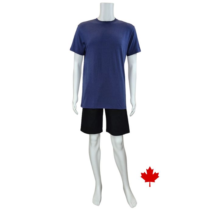 white mannequin wearing blue lex crew neck t-shirt and black craig shorts front view on white background