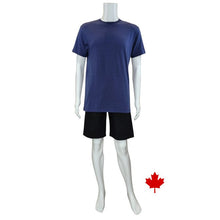 white mannequin wearing blue lex crew neck t-shirt and black craig shorts front view on white background