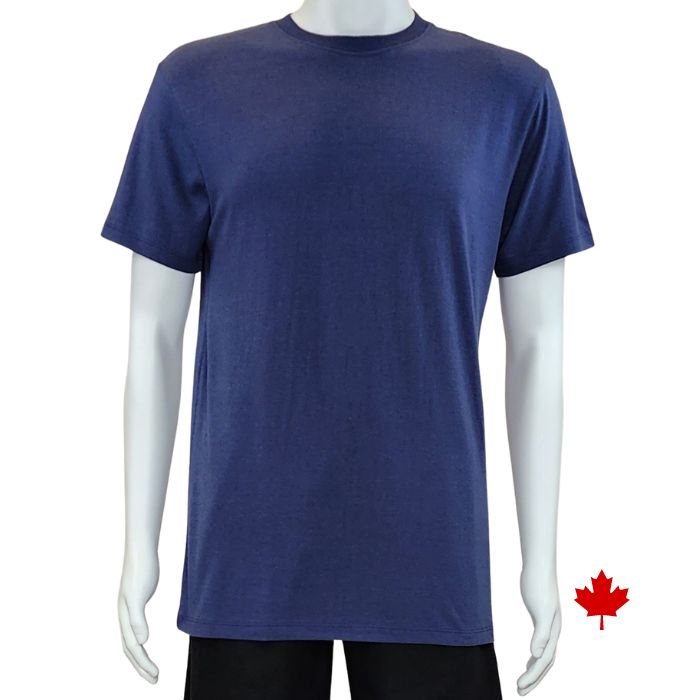 top of white mannequin wearing blue lex crew neck t-shirt front view on white background
