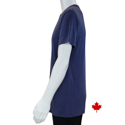 top of white mannequin wearing blue lex crew neck t-shirt side view on white background