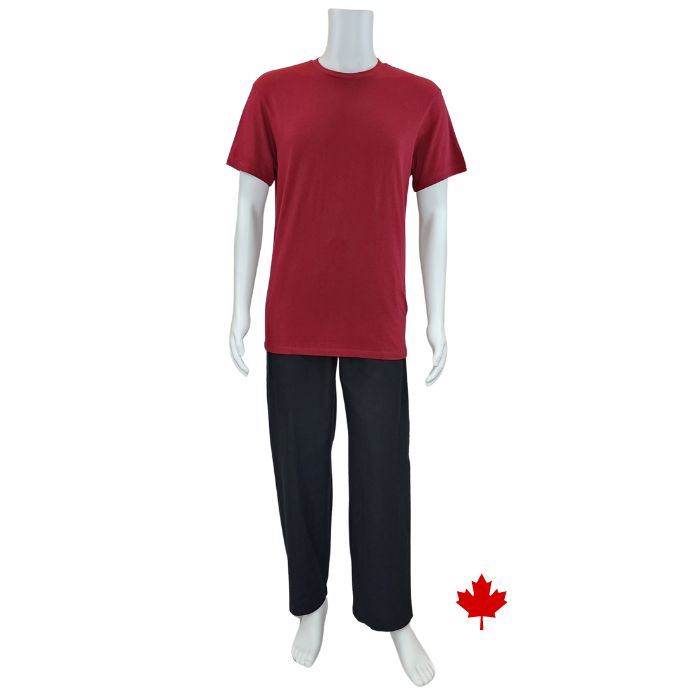 white mannequin wearing burgundy red lex crew neck t-shirt and black jim pants front view on white background