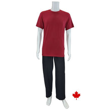 white mannequin wearing burgundy red lex crew neck t-shirt and black jim pants front view on white background