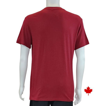 top of white mannequin wearing burgundy red lex crew neck t-shirt back view on white background