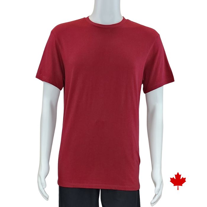 top of white mannequin wearing burgundy red lex crew neck t-shirt front view on white background