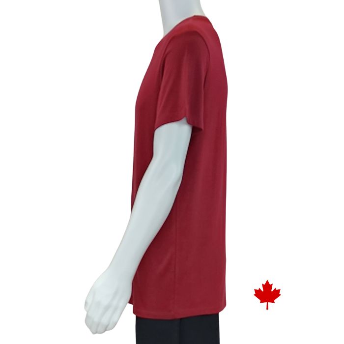 top of white mannequin wearing burgundy red lex crew neck t-shirt side view on white background