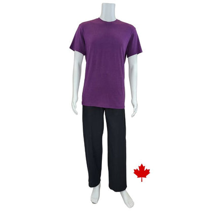 white mannequin wearing plum purple lex crew neck t-shirt and black jim pants front view on white background