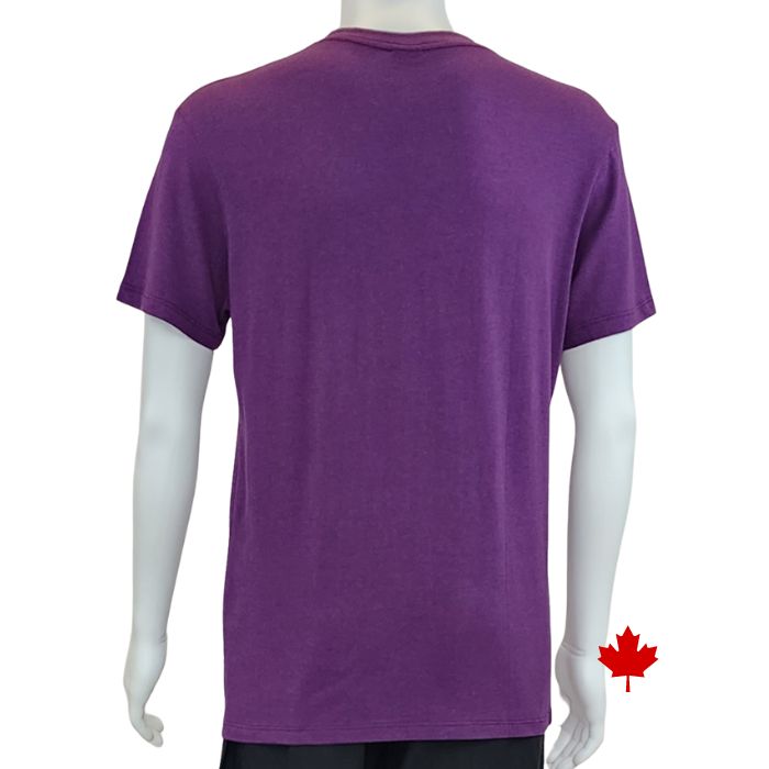 top of white mannequin wearing plum purple lex crew neck t-shirt back view on white background