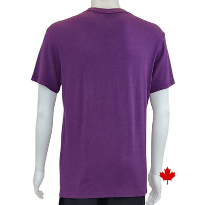 top of white mannequin wearing plum purple lex crew neck t-shirt back view on white background
