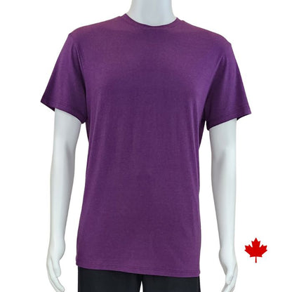 top of white mannequin wearing plum purple lex crew neck t-shirt front view on white background
