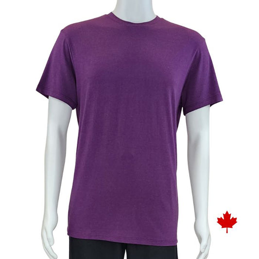 top of white mannequin wearing plum purple lex crew neck t-shirt front view on white background