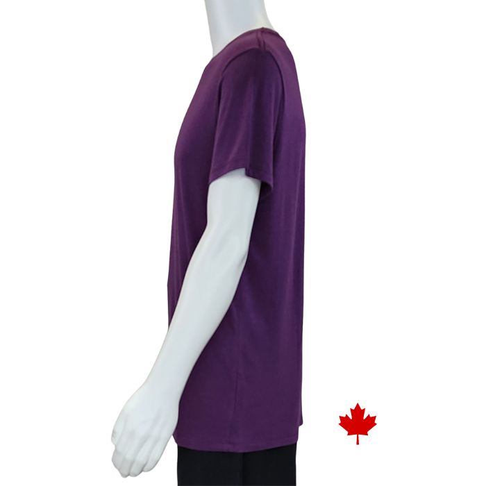 top of white mannequin wearing plum purple lex crew neck t-shirt side view on white background