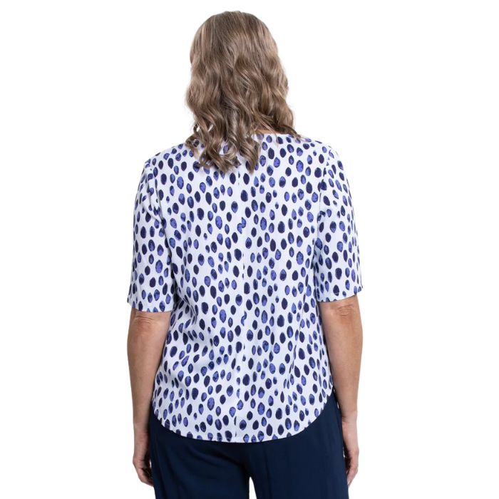 model wearing indigo rain liza top back view on white background