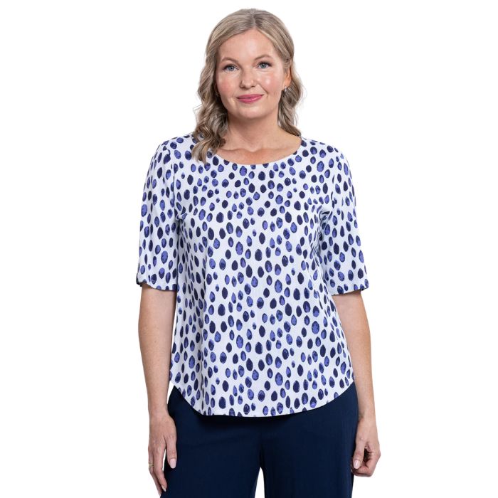 model wearing indigo rain liza top front view on white background