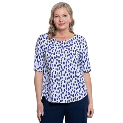 model wearing indigo rain liza top front view on white background