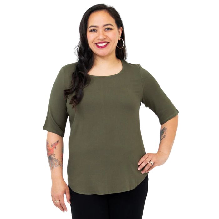 female model wearing khaki green liza top front view on white background
