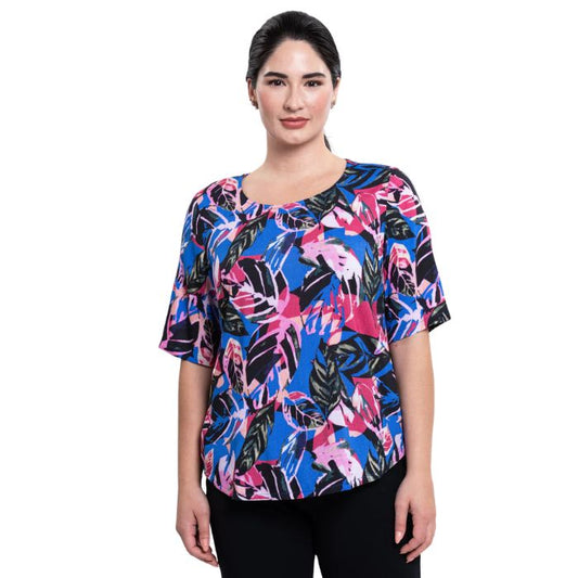 female model wearing pink bonita print liza top front view on white background