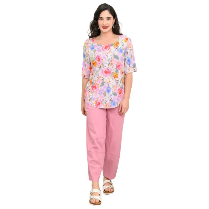 model wearing ipink bouquet liza top and soft pink boardwalk pants front view on white background