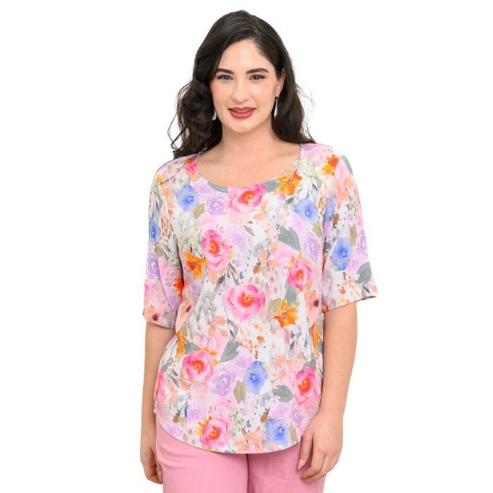 model wearing ipink bouquet liza top front view on white background