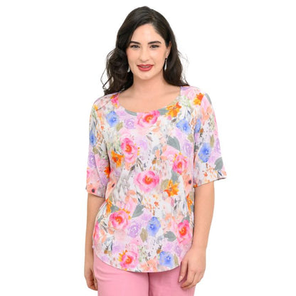 model wearing ipink bouquet liza top front view on white background