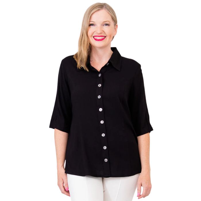 model weaing black lorine blouse front view on white background