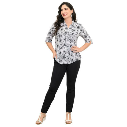 model wearing bw sketch print lorine blouse and black nadia pants front view on whitte background