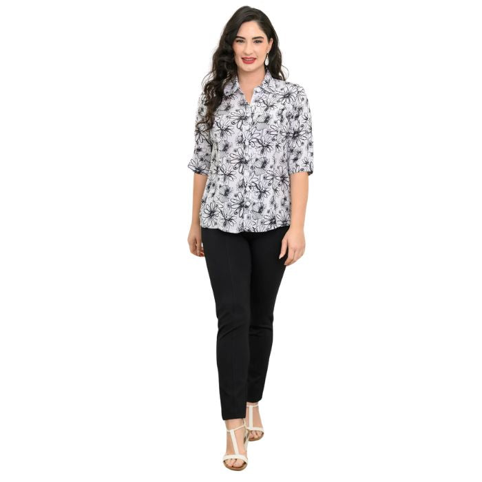 model wearing bw sketch print lorine blouse and black nadia pants front view on whitte background
