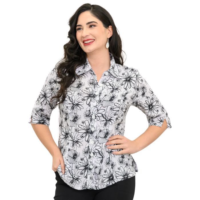 model wearing bw sketch print lorine blouse front view on whitte background