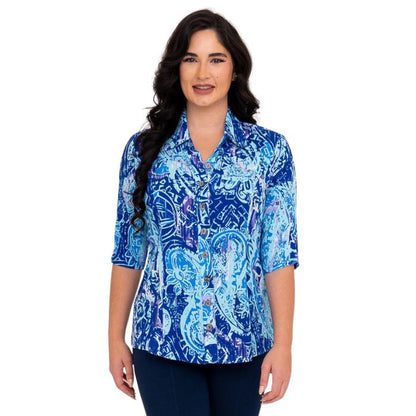 model wearing curious print lorine blouse front view on whitte background