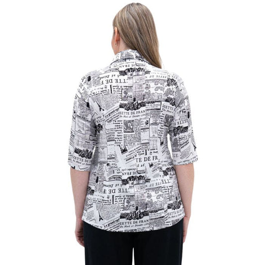 model weaing french news print lorine blouse back view on white background