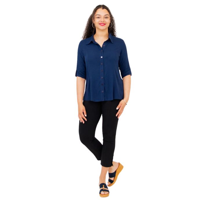 model weaing indigo blue lorine blouse and nadine cropped pants front view on white background