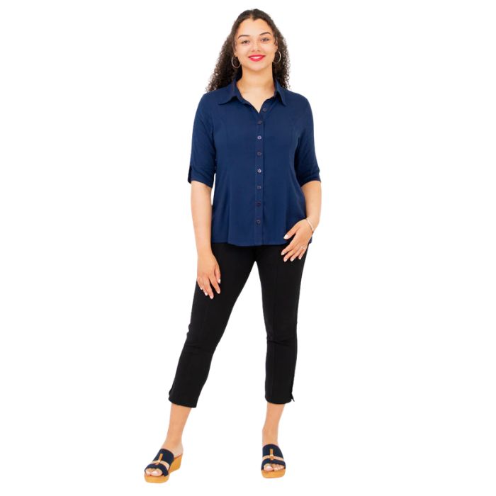 model weaing indigo blue lorine blouse and nadine cropped pants front view on white background