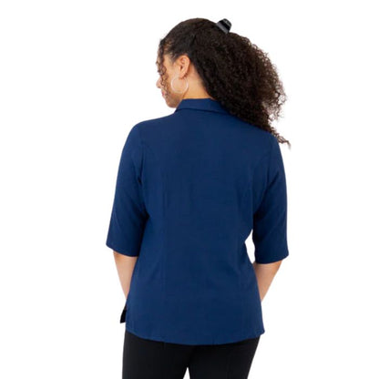 model weaing indigo blue lorine blouse front view on white background