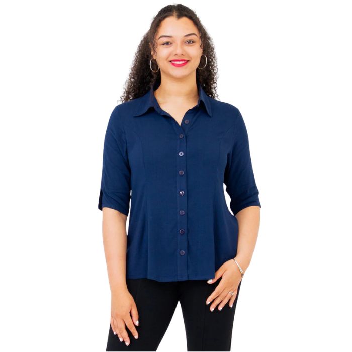 model weaing indigo blue lorine blouse front view on white background