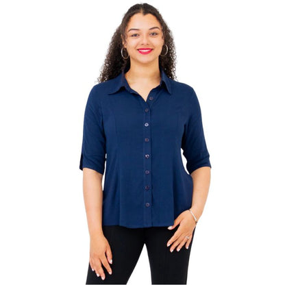 model weaing indigo blue lorine blouse front view on white background