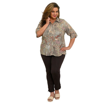model wearing khaki primavera print lorine blouse coffee brown nadia pants front view on whitte background