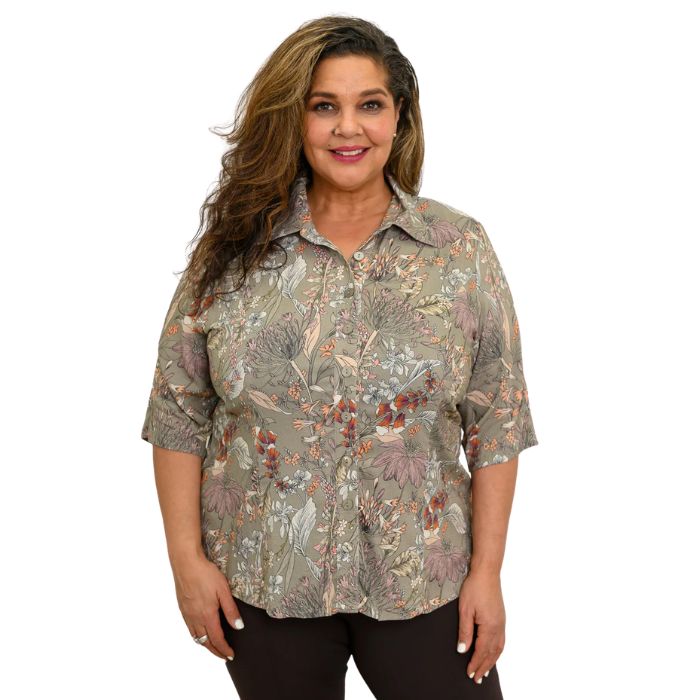model wearing khaki primavera print lorine blouse front view on whitte background