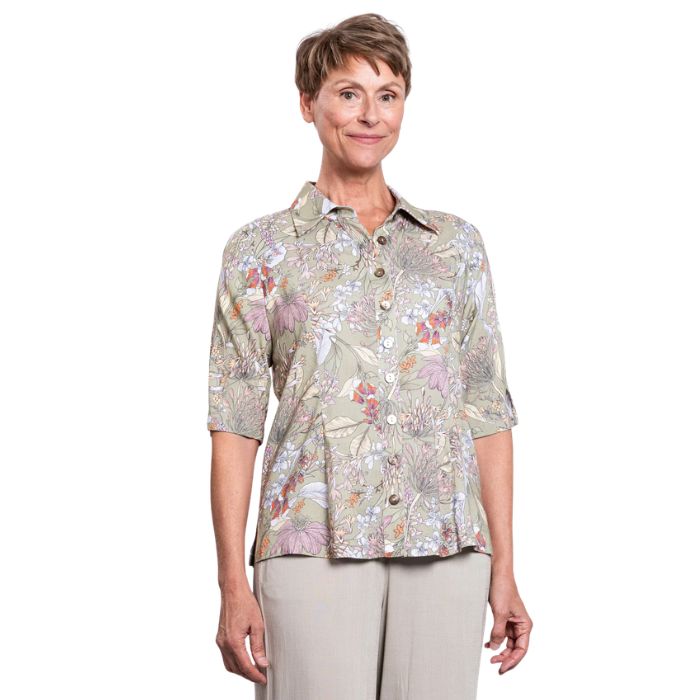 model wearing khaki primavera print lorine blouse front view on whitte background