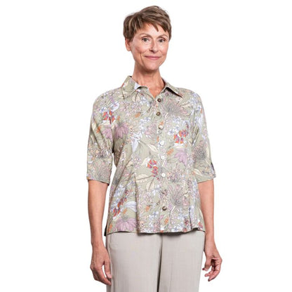 model wearing khaki primavera print lorine blouse front view on whitte background