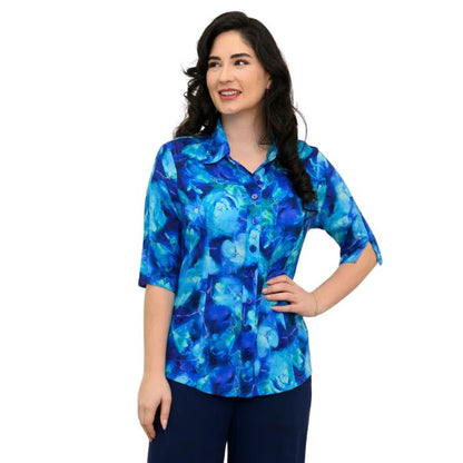 model wearing ocean reef print lorine blouse front view on white background