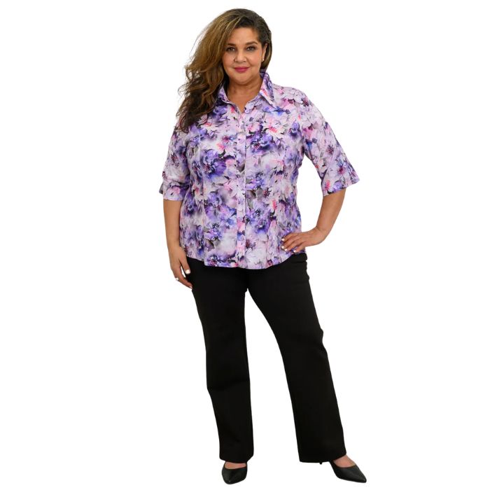 model wearing royale dynasty print lorine blouse and black daya pants  front view on whitte background
