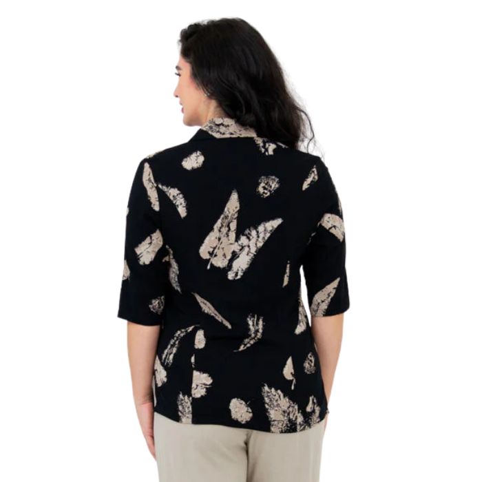 model wearing shadow leaf print lorine blouse back view on whitte background