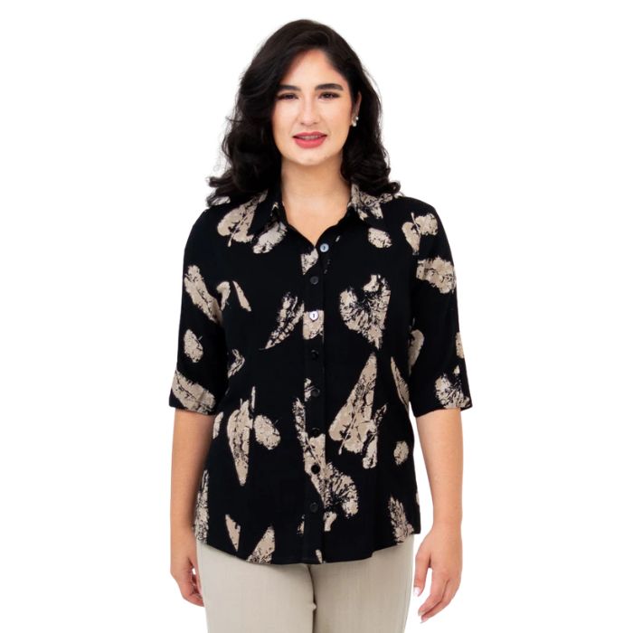 model wearing shadow leaf print lorine blouse front view on whitte background