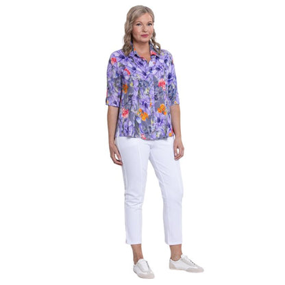 model wearing violet bloom print lorine blouse and white nadine cropped pants front view on whitte background